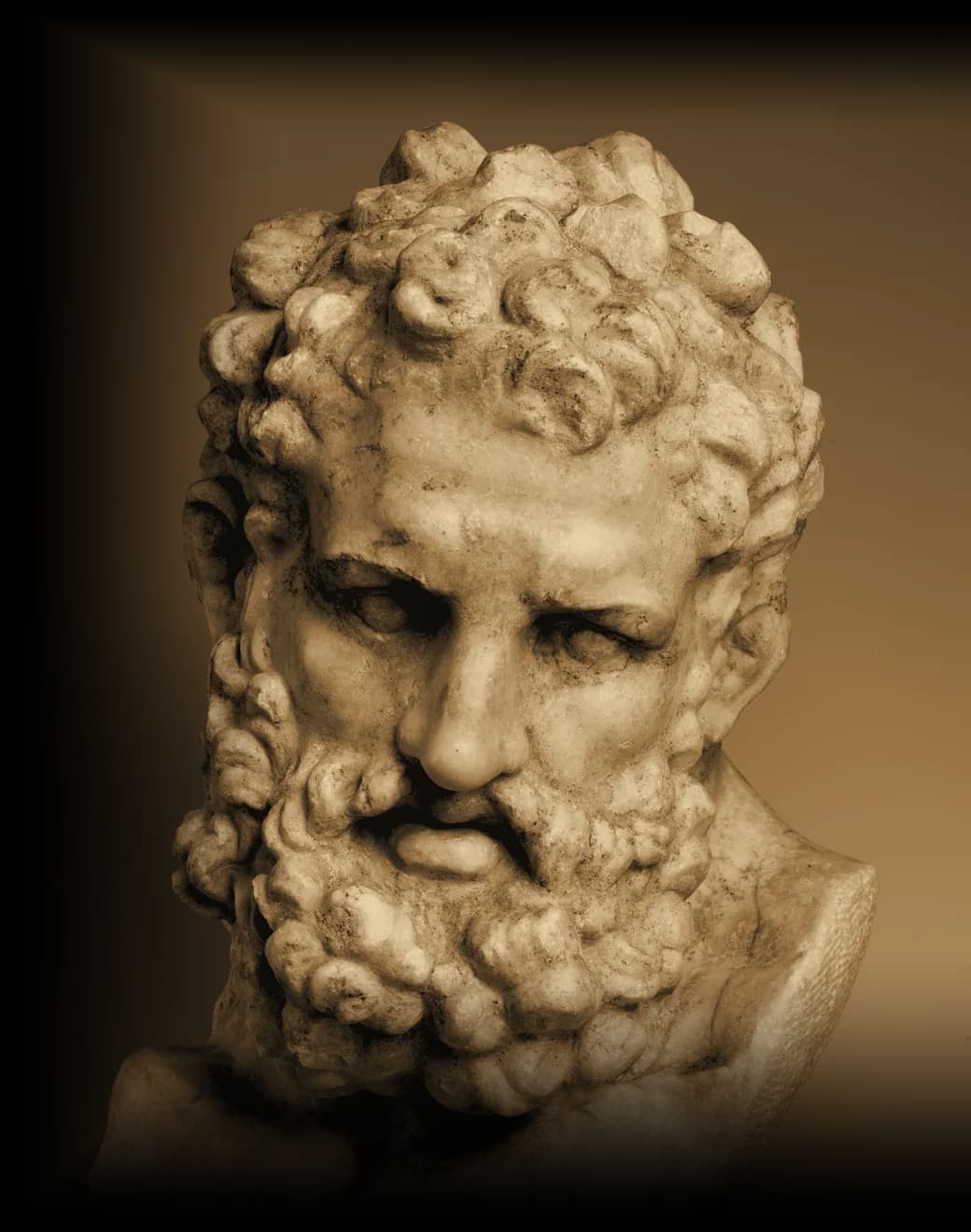 Busto de mármore de Héracles em perícia facial ao vivo